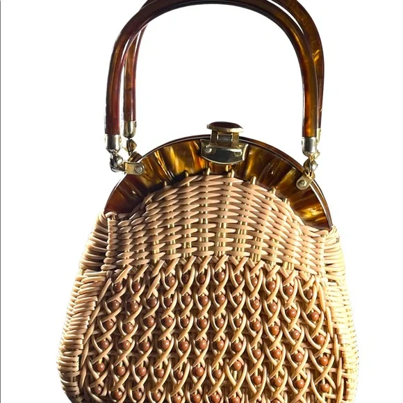 #37 VTG  Wicker Lucite handle fancy woven basket bead purse - Picture 5 of 16